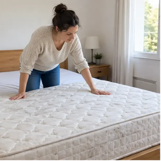 Une femme examine un matelas propre et sec dans une chambre avant de décider entre le don et le recyclage