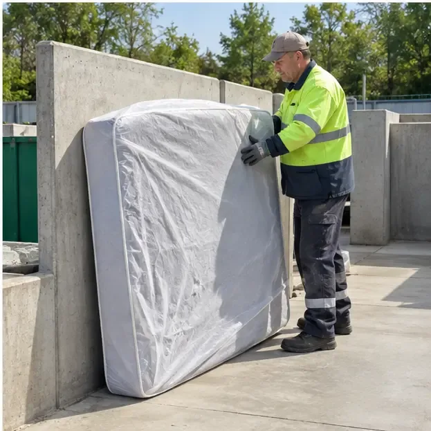 Un agent en gilet haute visibilité réceptionne un matelas protégé dans une zone de collecte propre
