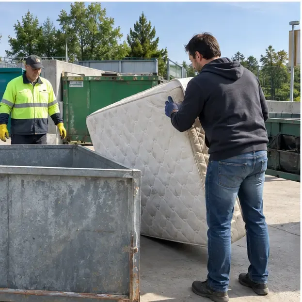 Un particulier dépose un matelas dans une zone de collecte d’une déchèterie avec l’aide d’un agent