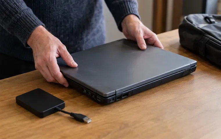 Une personne tient un ordinateur portable fermé sur une table, avec un disque externe posé à côté.