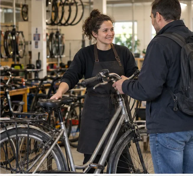 Une personne remet un vélo encore utilisable à une responsable dans un atelier de réemploi