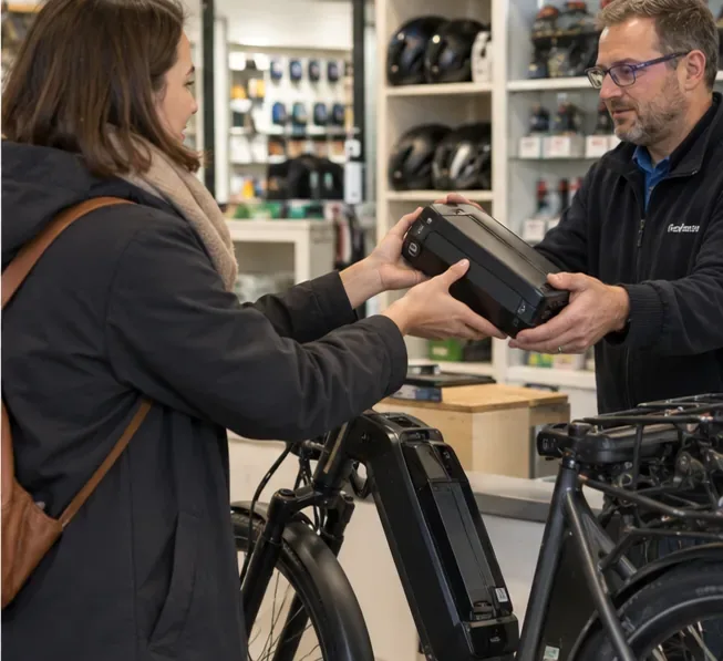 Une cliente remet la batterie amovible d’un vélo électrique à un professionnel dans un magasin spécialisé