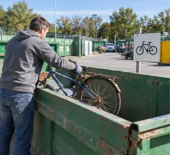 Un vieux vélo est déposé dans une zone de collecte dédiée d’une déchèterie