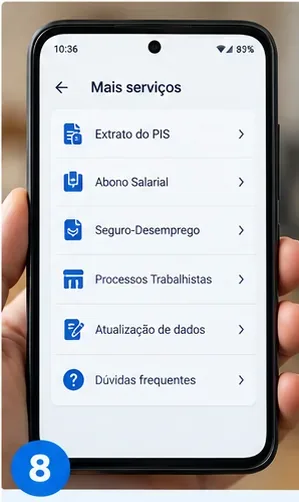 Ilustração de um menu de serviços da Carteira de Trabalho Digital com opções relacionadas a Abono Salarial, Seguro-Desemprego e ajuda