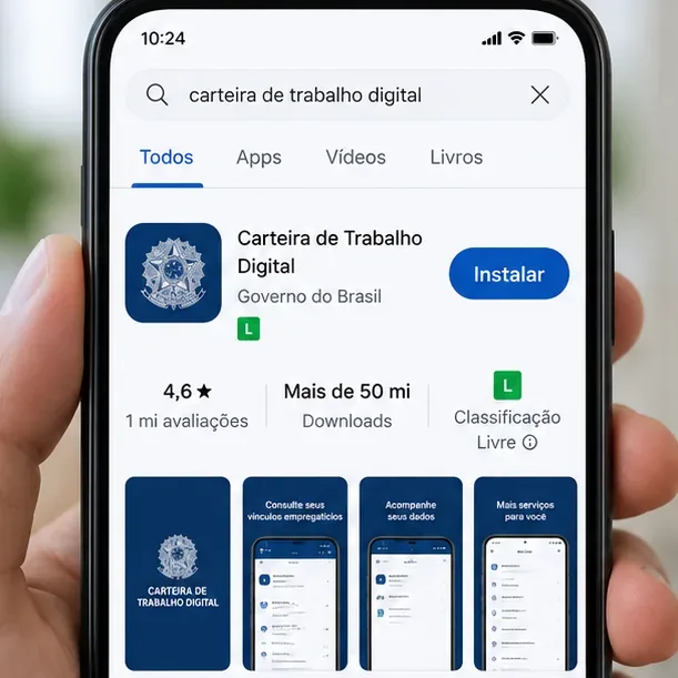 Ilustração de uma loja de aplicativos mostrando a busca por Carteira de Trabalho Digital e o botão de instalação