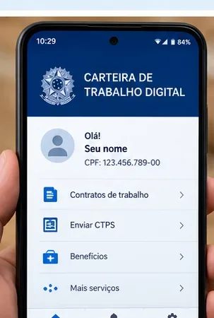 Ilustração da área inicial da Carteira de Trabalho Digital com opções de contratos de trabalho, benefícios e outros serviços