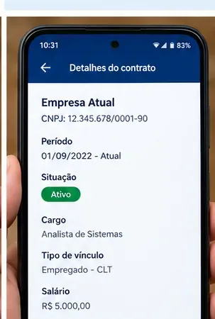 Ilustração da tela de detalhes de um contrato de trabalho com empregador, período, situação e cargo