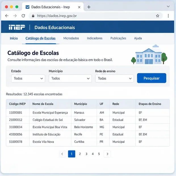 Exemplo visual de catálogo educacional com filtros por estado, município e rede de ensino e tabela de escolas