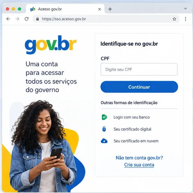 Exemplo visual de tela de identificação da conta gov.br com campo de CPF e botão de continuação