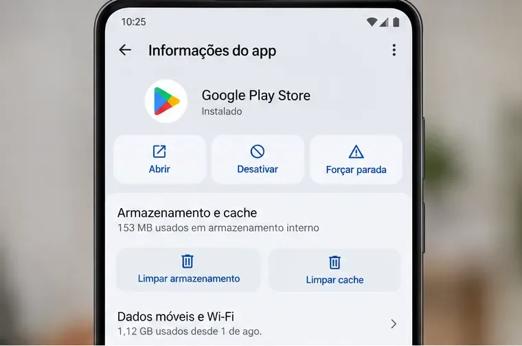 Exemplo de tela de Informações do app Google Play Store mostrando a área Armazenamento e cache e os controles Limpar armazenamento e Limpar cache