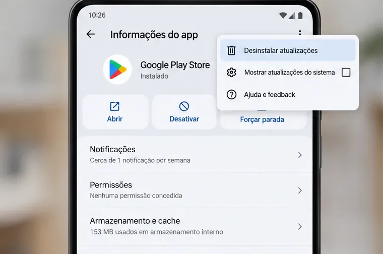 Exemplo de Informações do app Google Play Store com o menu superior exibindo a opção Desinstalar atualizações