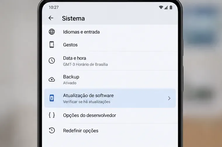 Exemplo de tela Sistema do Android com a opção Atualização de software destacada para verificar novas versões
