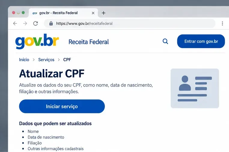 Página ilustrativa do serviço Atualizar CPF da Receita Federal, com botão para iniciar o atendimento e lista de dados cadastrais.