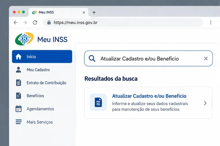 Tela ilustrativa do Meu INSS com a busca pelo serviço Atualizar Cadastro e/ou Benefício.