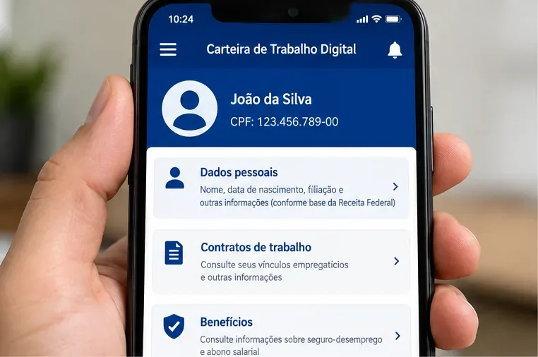 Tela ilustrativa da Carteira de Trabalho Digital com as áreas Dados pessoais, Contratos de trabalho e Benefícios.