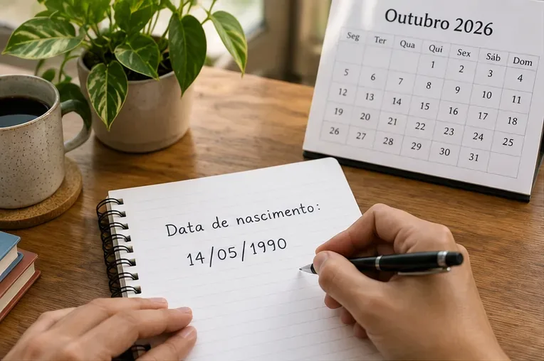 Caderno aberto com uma data de nascimento anotada e calendário de outubro de 2026 ao fundo
