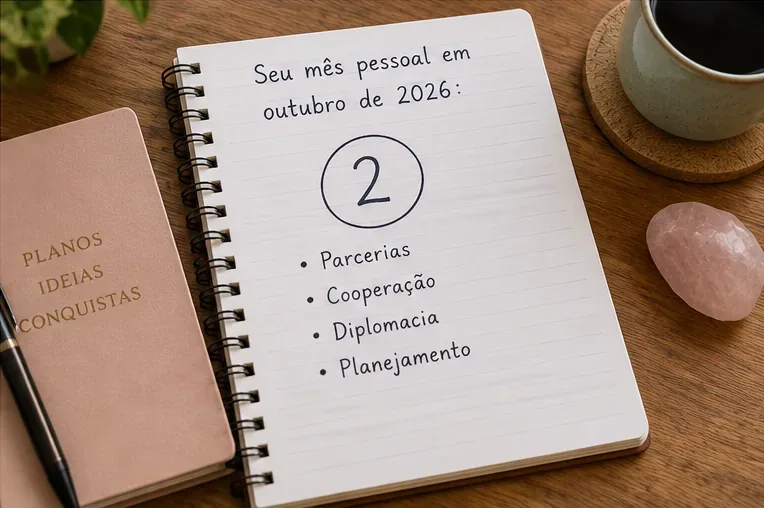 Caderno com o número 2 circulado e palavras como parcerias, cooperação, diplomacia e planejamento