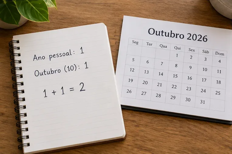 Caderno mostrando um exemplo de ano pessoal 1, outubro reduzido a 1 e soma final igual a 2