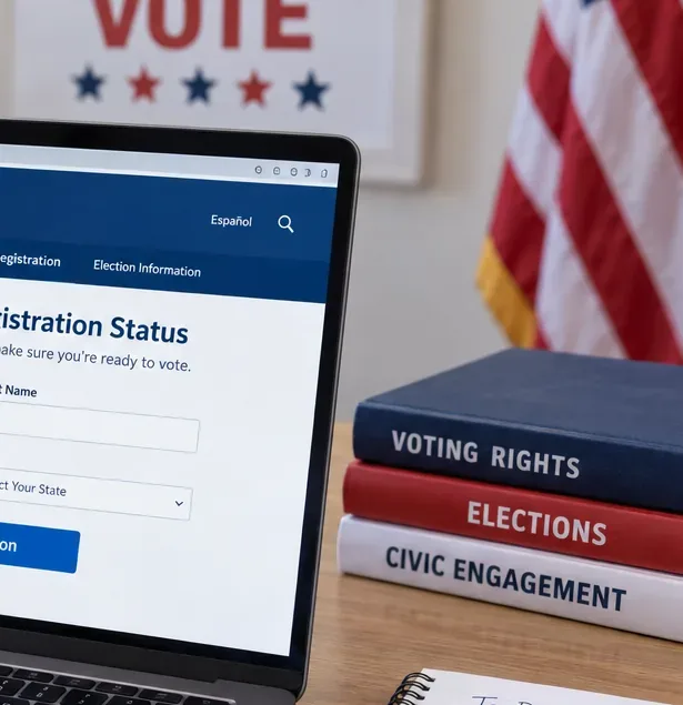Computadora con una página de registro de votantes junto a libros sobre derechos de voto, elecciones y participación cívica, con una bandera estadounidense al fondo.