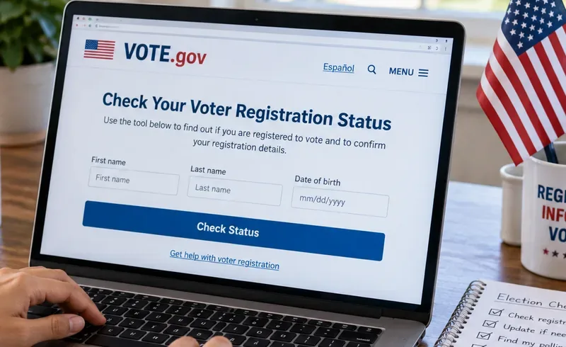 Persona usando una computadora portátil para iniciar una consulta de registro de votante en una página gubernamental, junto a una bandera estadounidense y una lista de tareas electorales.