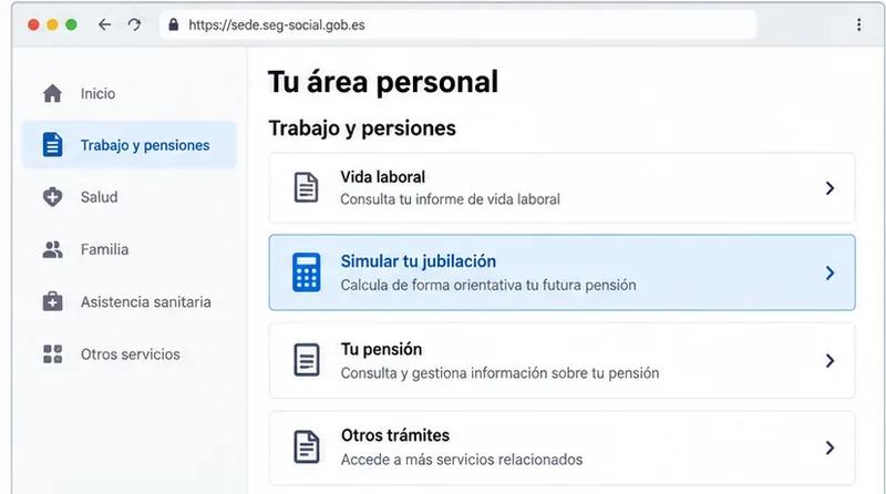 Vista orientativa del área personal con la opción Simular tu jubilación destacada dentro de trabajo y pensiones
