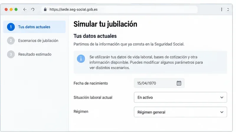 Vista orientativa de un formulario de simulación con datos actuales y escenarios de jubilación