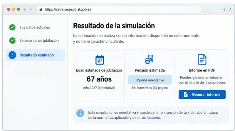 Vista orientativa de un resultado de simulación con edad estimada, pensión orientativa y opción de generar informe PDF