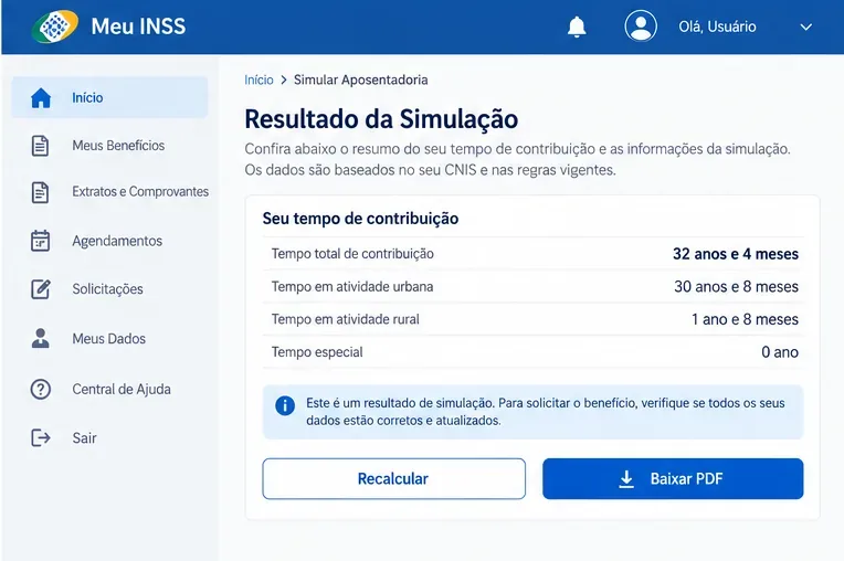 Tela ilustrativa de resultado da simulação de aposentadoria com tempo de contribuição, botão Recalcular e opção Baixar PDF