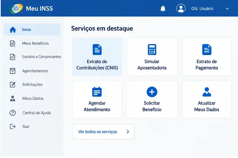 Tela ilustrativa do Meu INSS com cartões para Extrato de Contribuições CNIS e Simular Aposentadoria