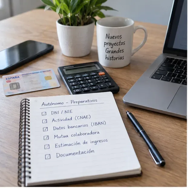 Mesa de trabajo con DNI, calculadora, portátil y una lista de preparación para el alta de autónomo con actividad, CNAE, IBAN y estimación de ingresos