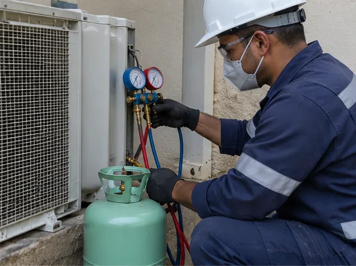 Técnico de refrigeração usando manifold, mangueiras e cilindro durante procedimento em unidade externa de ar-condicionado