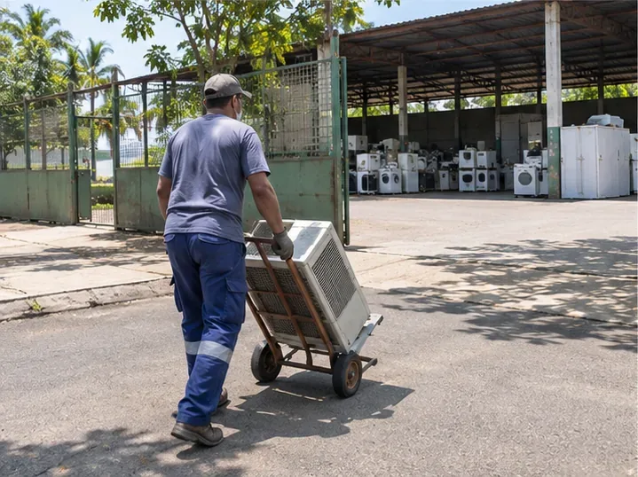 Trabalhador transportando uma unidade externa de ar-condicionado em carrinho até uma área de recebimento de eletrodomésticos