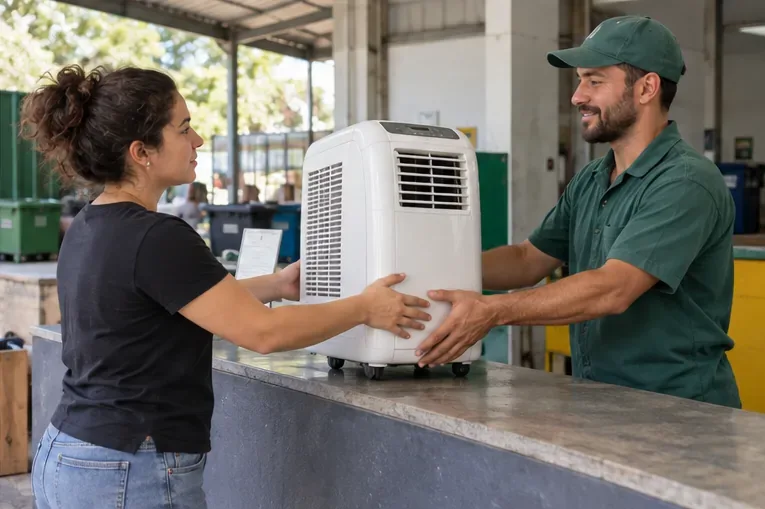 Uma moradora entrega um ar-condicionado portátil a um atendente em um balcão sem identificação comercial.