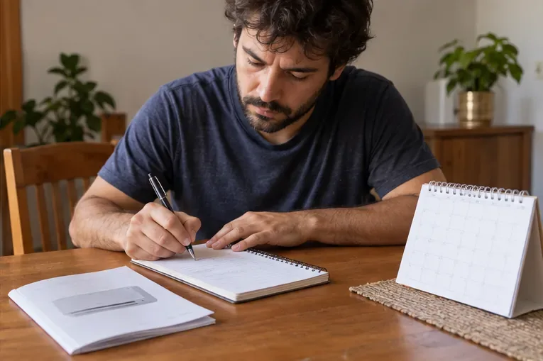 Um homem escreve em um caderno ao lado de um manual de produto e de um calendário de mesa.