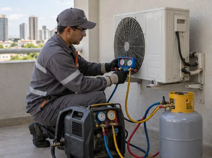 Técnico utiliza equipamento e cilindro apropriados para recolher o fluido de uma unidade externa de ar-condicionado