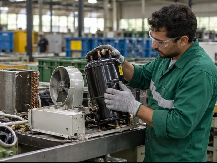 Trabalhador examina o compressor e componentes metálicos de um ar-condicionado em uma instalação de reciclagem
