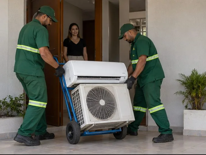 Dois trabalhadores retiram unidades interna e externa de ar-condicionado em um carrinho de transporte