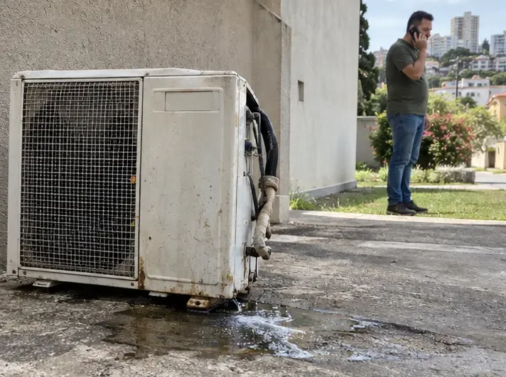 Unidade externa de ar-condicionado com sinais de desgaste e líquido no piso, isolada enquanto uma pessoa telefona de longe.