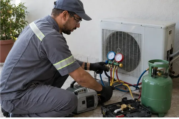 Técnico de refrigeração usa equipamento de recolhimento conectado à unidade externa de um ar-condicionado, com cilindro apropriado ao lado.