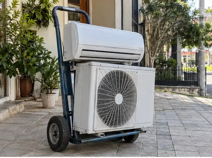 Unidades interna e externa de um ar-condicionado estão posicionadas em um carrinho de transporte, em pé e prontas para serem movimentadas.