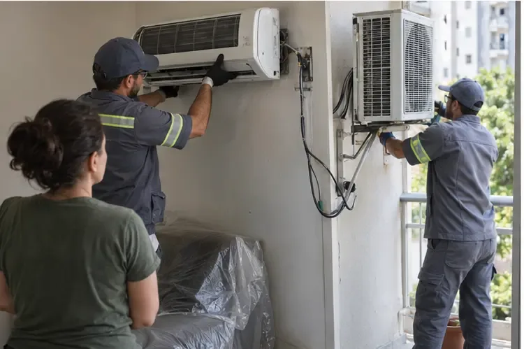 Dois técnicos removem as unidades interna e externa de um ar-condicionado enquanto a moradora observa a operação de uma distância segura.