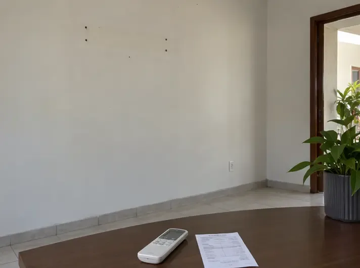 Parede limpa após a retirada do ar-condicionado, com controle remoto e documento sobre uma mesa para a conferência final.