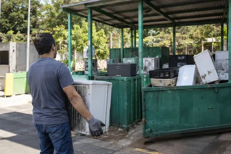 Homem com luvas leva a condensadora de um ar-condicionado a uma área de recebimento de eletrodomésticos usados