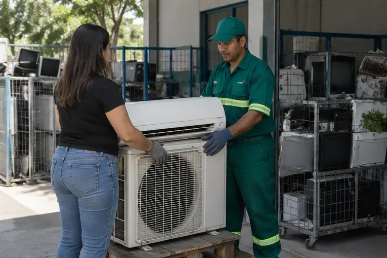 Consumidora entregando unidades de ar-condicionado a um trabalhador em área de recebimento de equipamentos usados