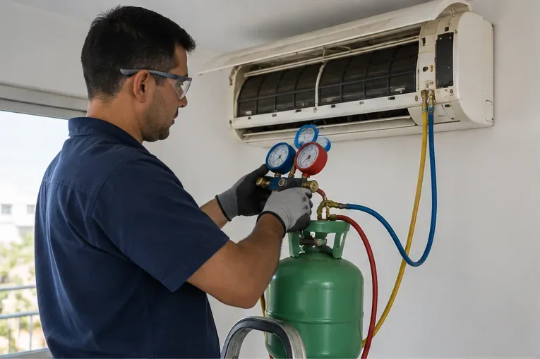 Técnico com óculos e luvas usando manifold e cilindro durante a retirada de fluido de um ar-condicionado split