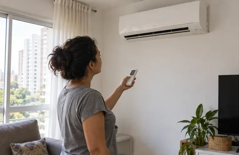 Uma moradora observa um aparelho split instalado e segura o controle remoto para avaliar se o equipamento ainda pode ser aproveitado.