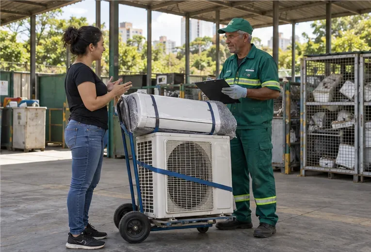 Uma moradora conversa com um funcionário de um centro de recebimento enquanto as unidades do ar-condicionado permanecem em um carrinho.
