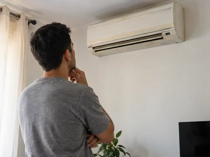 Morador observa um aparelho de ar-condicionado split instalado na parede antes de decidir pelo descarte