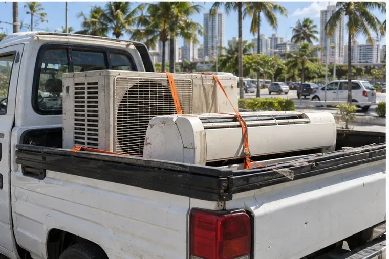 Unidades de ar-condicionado usadas presas com cintas na carroceria de uma caminhonete para transporte