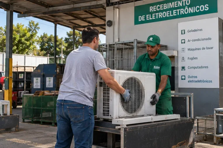Trabalhadores recebendo a condensadora de um ar-condicionado em uma área de recebimento de eletroeletrônicos